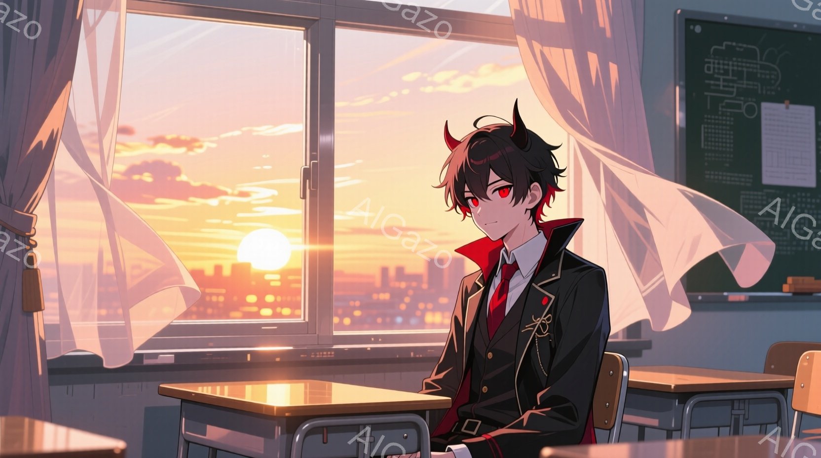 少年は教室の机に座り、夕焼けを眺めている。彼は黒髪で、角のような髪飾りをつけており、赤い瞳が印象的だ。制服姿で、少し憂いを帯びた表情をしており、背景には夕焼けに照らされた街並みが広がり、穏やかで幻想的 - AI生成フリー素材