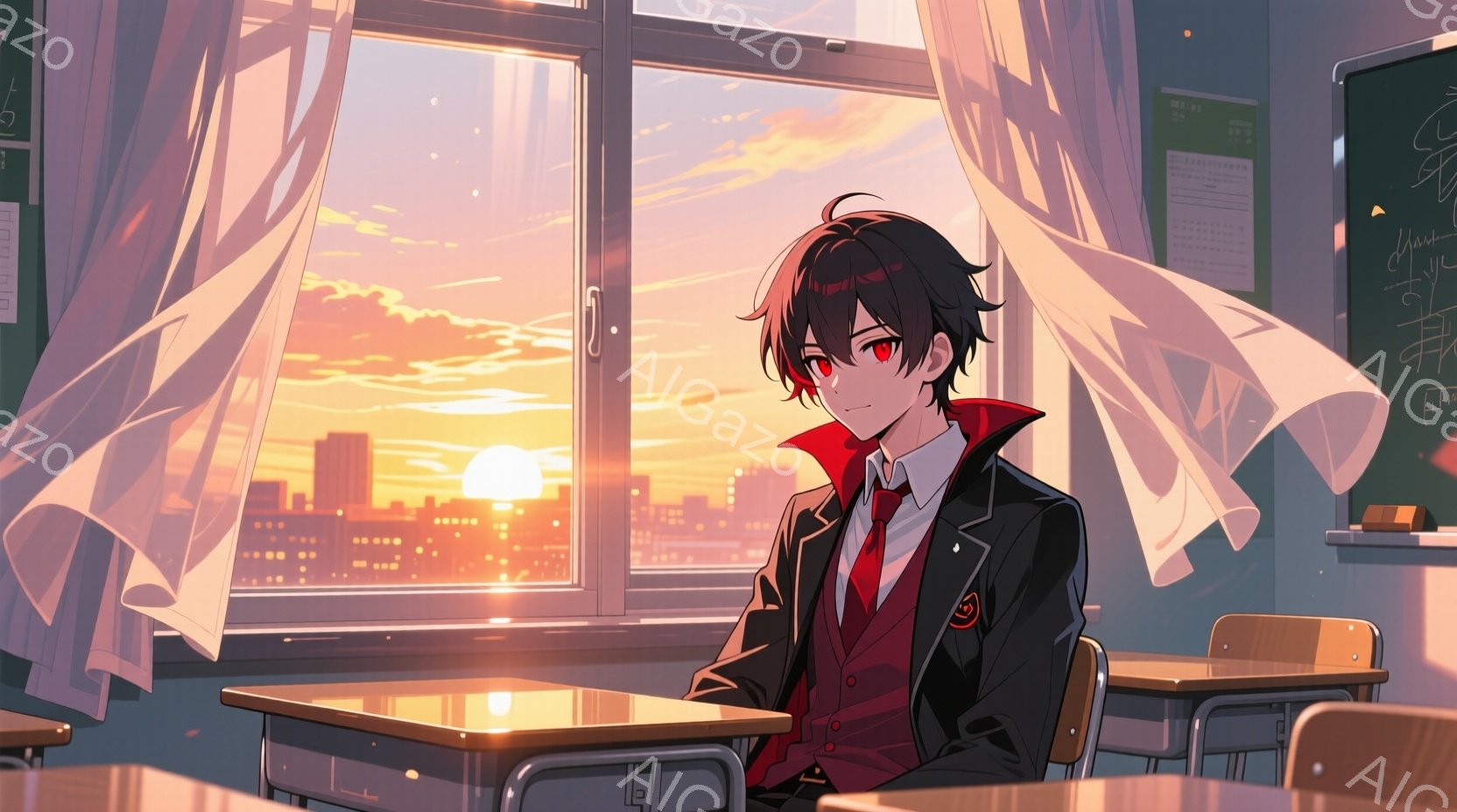 教室の窓際に座る少年は、黒い制服に赤いベストとネクタイを身に着け、黒髪を無造作にまとめ、赤い瞳で遠くを見つめている。夕焼け空を背景に、彼は少し憂いを帯びた表情で、机に肘をつき、物思いにふけっているよう - AI生成フリー素材