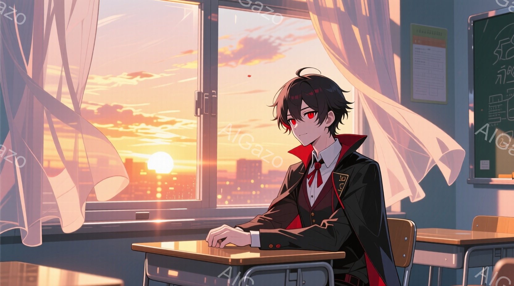 黒髪で、少し癖のある髪型をした少年が教室の机に座っている。彼は紺色のジャケットに赤いネクタイという制服を着ており、少し憂いを帯びた表情で窓の外を見つめている。背景には夕焼け空と街並みが広がり、教室には - AI生成フリー素材