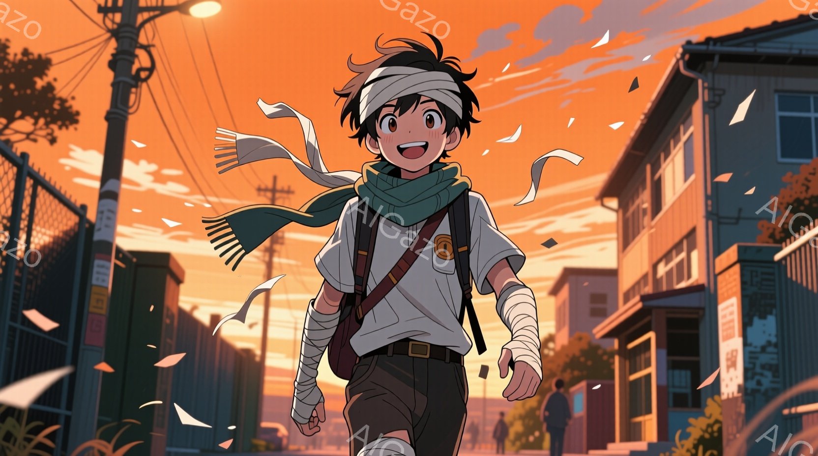 若い男性が夕暮れ時の街路を歩いている。彼は頭に包帯を巻き、腕にも包帯を巻いている。オレンジとピンクの夕焼け空の下、彼は自信に満ちた笑顔を浮かべながら、少し風に吹かれたスカーフを身につけている。