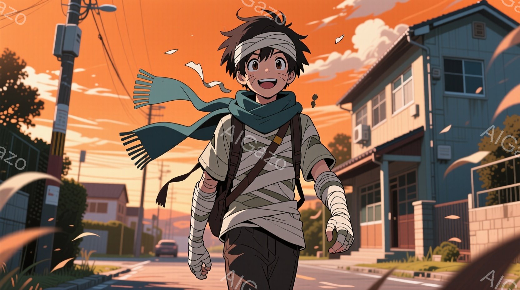 若い男性が、包帯を巻き付けた腕と足で、夕暮れ時の住宅街を歩いている。彼は黒い髪、少し開いた口、決意に満ちた表情をしており、首には青いスカーフを巻いている。背景には日本の住宅、電柱、そして鮮やかなオレンジとピンクの夕焼け空が広がっており、全体的に躍動感と切なさが漂う。
