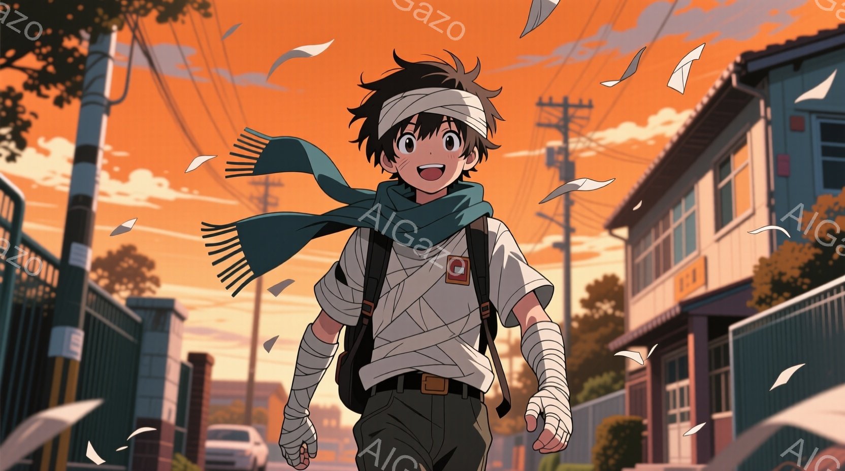 若い男性が、包帯で腕や胸を覆い、肩にスカーフをかけている。彼は少し前かがみになり、自信に満ちた表情で歩いている。背景には、夕焼けに照らされた住宅街が広がり、落ち葉が舞い散る穏やかな雰囲気である。