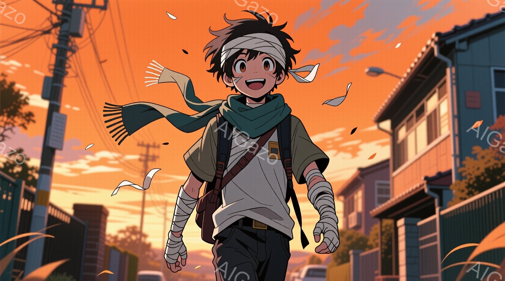 少年は頭に白いバンドを巻き、手首と腕に包帯を巻いている。彼は白いTシャツ、カーキ色のジャケット、そして黒いズボンを着用し、肩にはストラップが付いたバッグを背負っている。背景には、夕焼け空の下の住宅街が広がり、暖かいオレンジ色とピンク色の光が街並みを染め上げている。