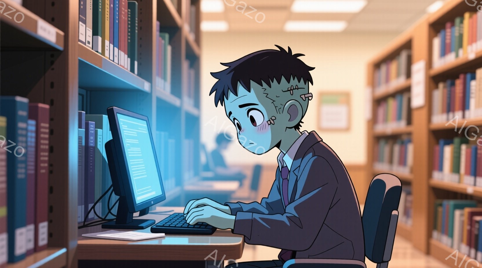 図書館でパソコンに向かう緑色の肌をした少年が描かれています。彼は紺色のジャケットと白いシャツを着ており、疲れた表情で目の下にクマがあり、頬は赤くなっています。背景には本棚が並び、他の利用者がぼんやりと - AI生成フリー素材
