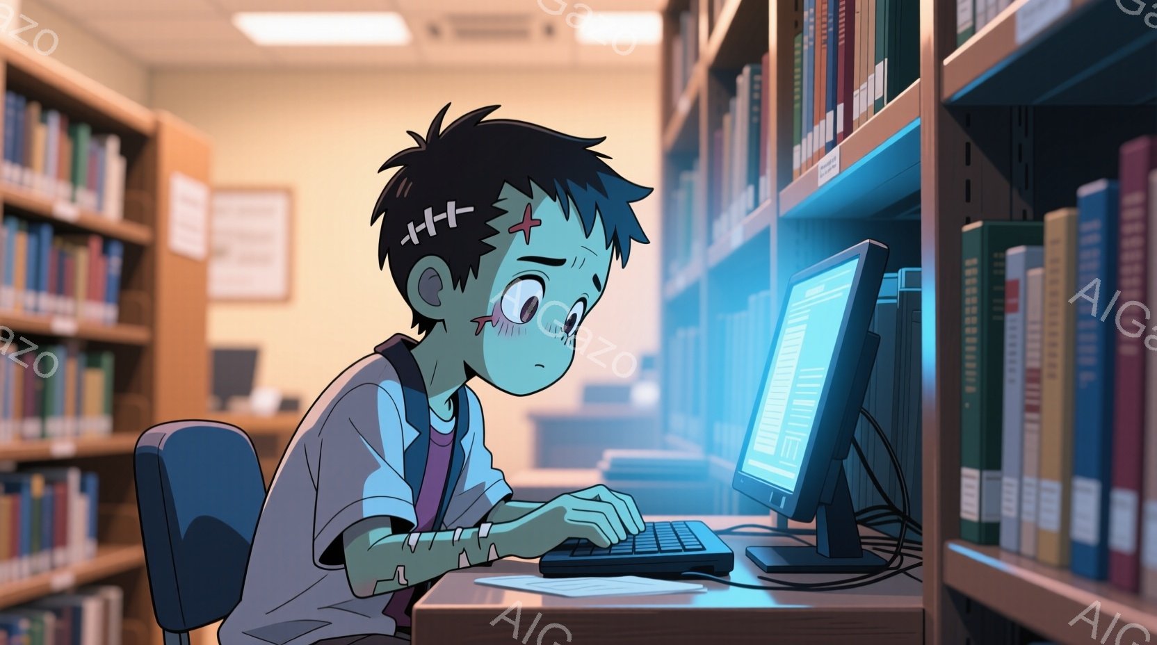 この少年は、薄暗い図書館でコンピューターに向かって座っており、疲労困憊した表情をしています。彼は青いシャツを着ており、髪はボサボサで、顔には疲労を示す影があります。背景には本棚が並び、集中して作業して - AI生成フリー素材