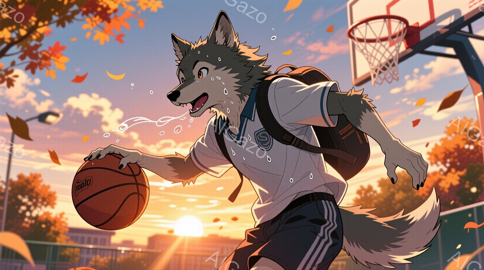灰色の毛並みを持つ獣人（オオカミ？）が、バスケットボールを持って屋外コートを走り、汗をかいている様子が描かれている。彼は白い半袖シャツに黒い短パン姿で、肩にリュックサックを背負っており、活発でエネルギッシュな表情をしている。背景には夕焼け空と木々が広がり、暖かいオレンジ色の光がコートを照らしている。