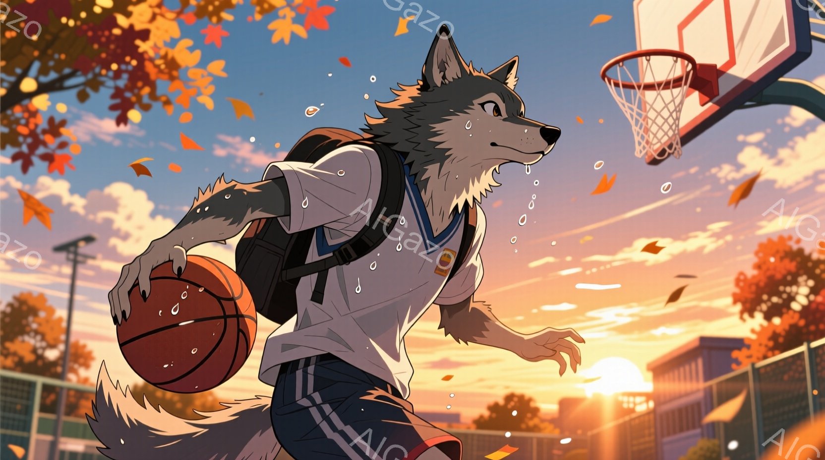 オオカミをモチーフにしたキャラクターが、バスケットボールを抱え、コートを歩いている様子が描かれています。制服のような白いシャツに青いズボンを着用し、肩にはリュックサックを背負っています。背景は夕焼け空 - AI生成フリー素材