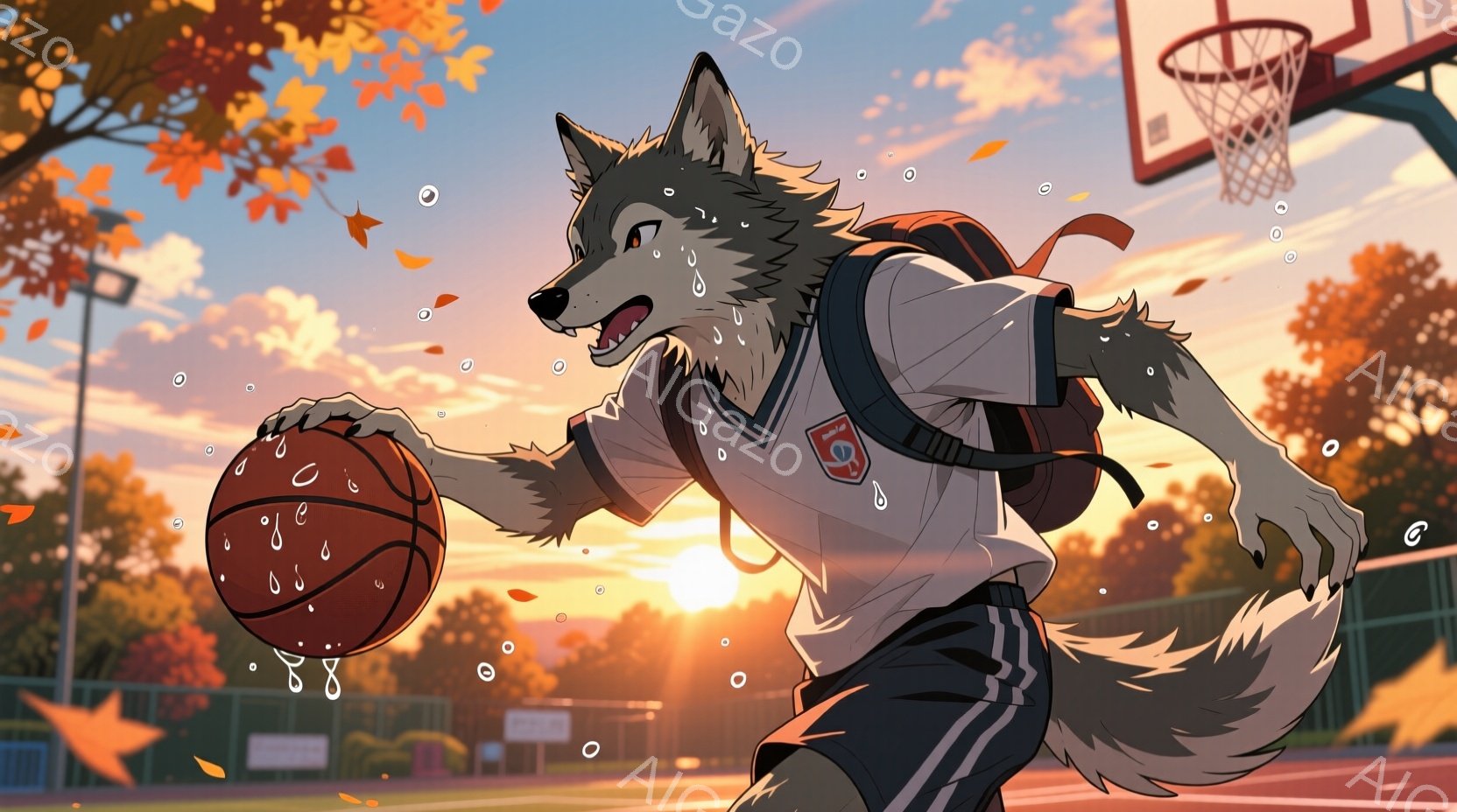 人型の狼がバスケットボールを持って走っている様子が描かれています。彼は白い襟付きの半袖シャツに紺色の短パン、肩にはリュックサックを背負っており、汗をかいている様子から激しい運動をしていることがわかりま - AI生成フリー素材