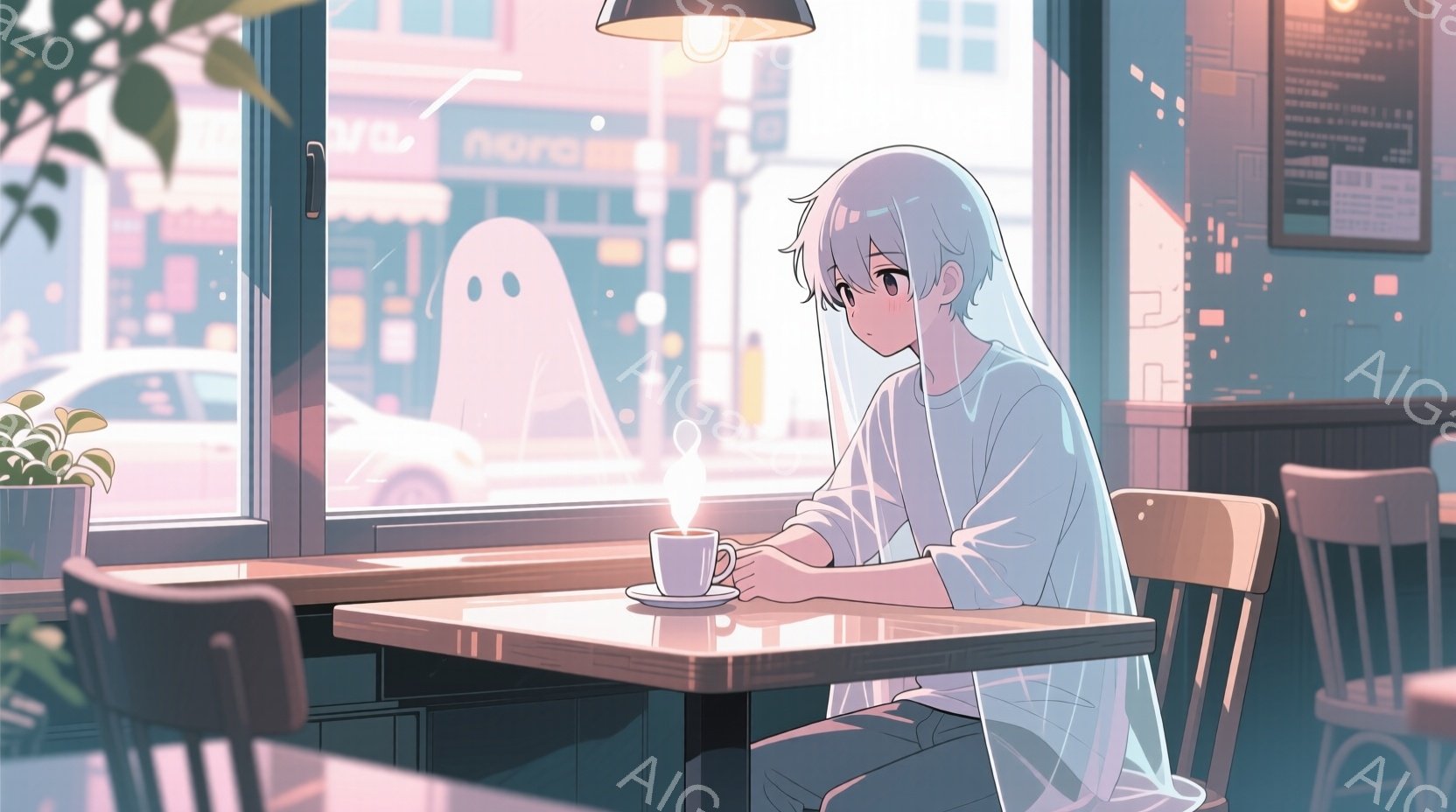 若い男性がカフェの窓際の席に座っており、カップに入った飲み物を両手で抱えています。彼は白い髪で、やや憂いを帯びた表情をしています。背景には、夜の街並みが広がっており、ぼんやりとした光が暖かく、物悲しい - AI生成フリー素材