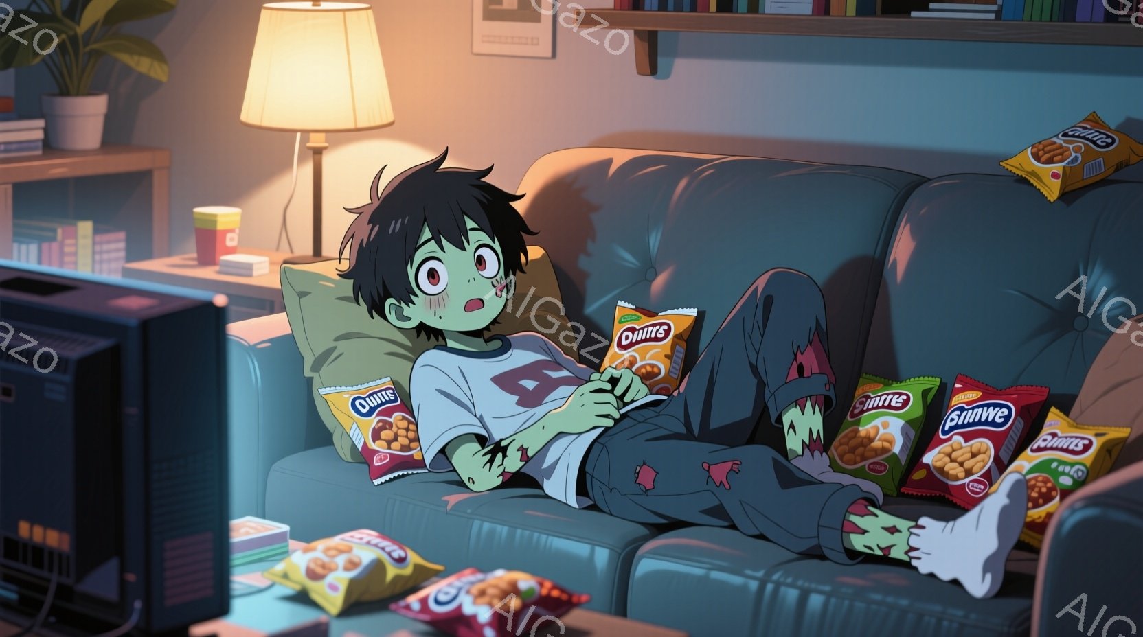 ソファに横たわる少年は、緑色の肌と爪、そして暗いクマのような目の下に、ゾンビのような外見をしている。彼は白いTシャツとパジャマのズボンを着用し、片手にドリトスのスナック菓子をいくつか持っている。背景には、テレビ、本棚、そして暗いリビングルームがあり、リラックスした、少し不気味な雰囲気が漂っている。