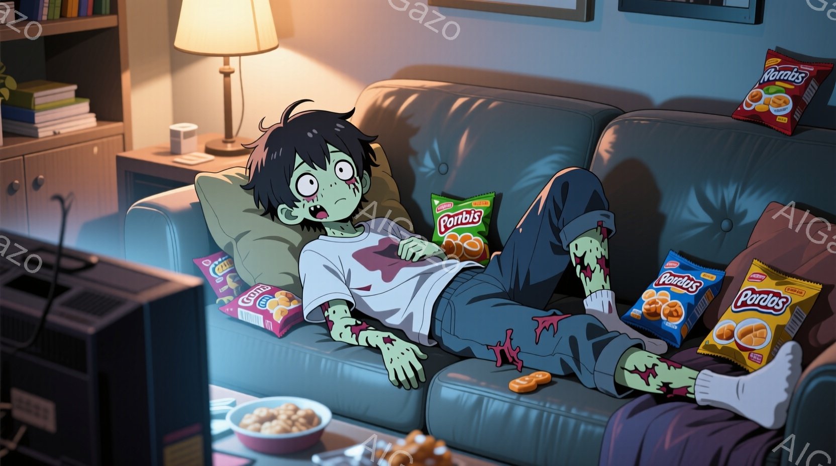ソファに横たわる少年は、緑色の肌と暗いクマのある目をしており、ゾンビのような外見をしている。彼は白の長袖シャツと短パンを身につけ、片足には白い靴下を履いている。背景にはテレビや本棚があり、周りにはポテトチップスの袋とボウルが散らばっており、だらしないながらもどこか落ち着いた雰囲気である。
