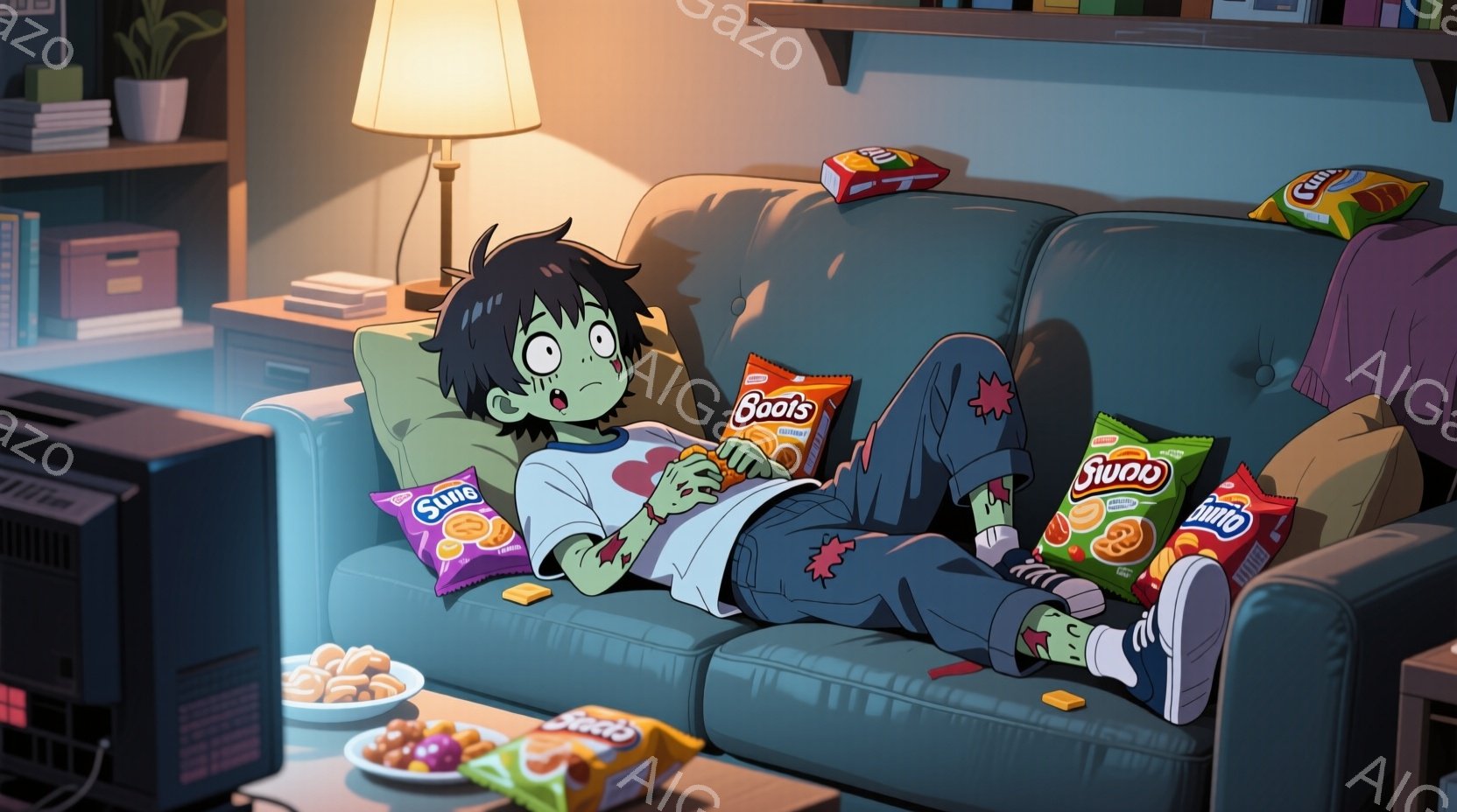 ソファにだらしなく横たわるゾンビのような少年が描かれています。彼は緑色の肌、乱れた黒髪、そして疲れた表情をしています。周りにはスナック菓子の袋や皿が散らばっており、リラックスした、しかし少し不気味な雰囲気を醸し出しています。