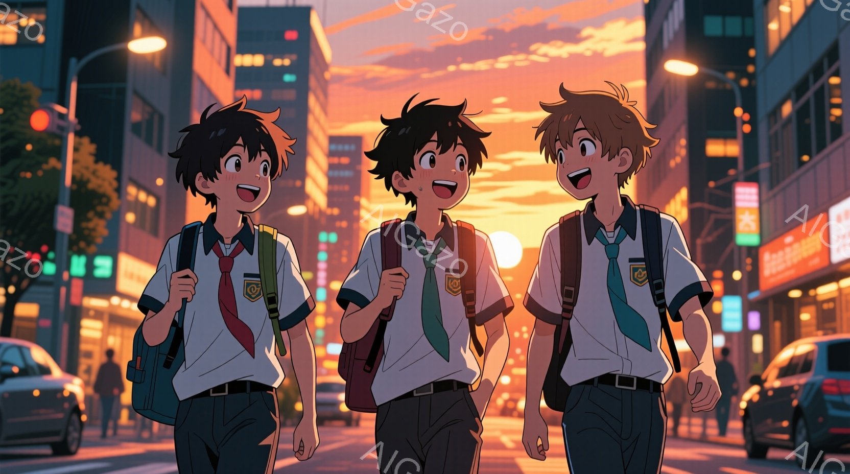 深紅の背景に、黒髪の男女が寄り添って描かれている。女性はフリルとリボンをあしらった黒いドレスを身につけ、赤い髪が風になびいている。男性は黒を基調とした衣装に身を包み、片手を女性の肩に添え、二人は互いを - AI生成フリー素材