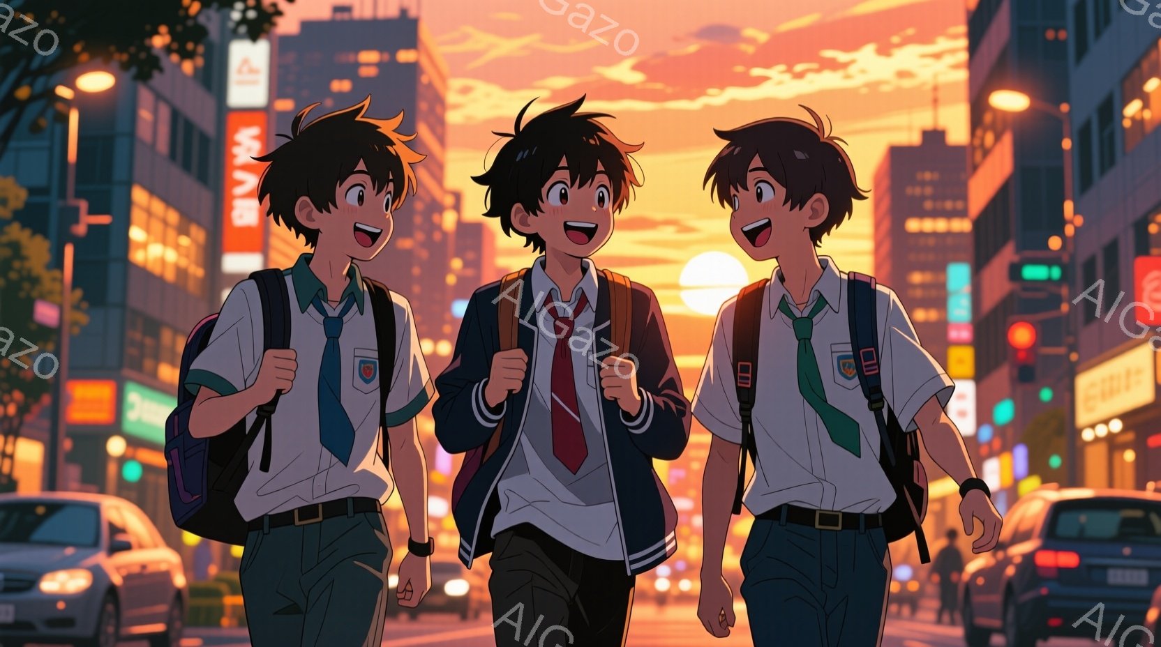 三人の少年が夕暮れの都市を歩いている。彼らは制服姿で、白いシャツにネイビーのブレザー、そしてチェックのズボンを着用し、肩にはリュックサックを背負っている。背景には高層ビル群が立ち並び、オレンジと紫色の - AI生成フリー素材