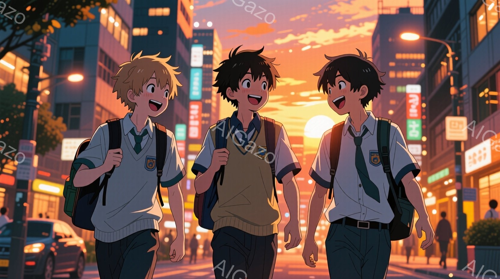 紺色のブレザーに黄色のベスト、白いシャツという制服を着た3人の少年が、夕暮れ時の街を歩いている。髪型はそれぞれ異なり、ブロンド、黒髪、茶髪で、表情は皆明るく、楽しげだ。背景には、街の建物や道路、そして - AI生成フリー素材