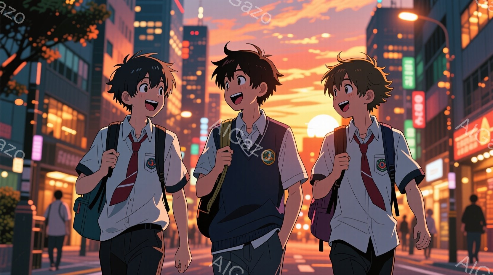 三人の少年が並んで歩いている様子が描かれている。彼らは皆、紺色のブレザーに赤いネクタイ、白いシャツという制服を着ており、肩にリュックサックを背負っている。背景は夕焼けに照らされた街並みで、建物が立ち並 - AI生成フリー素材
