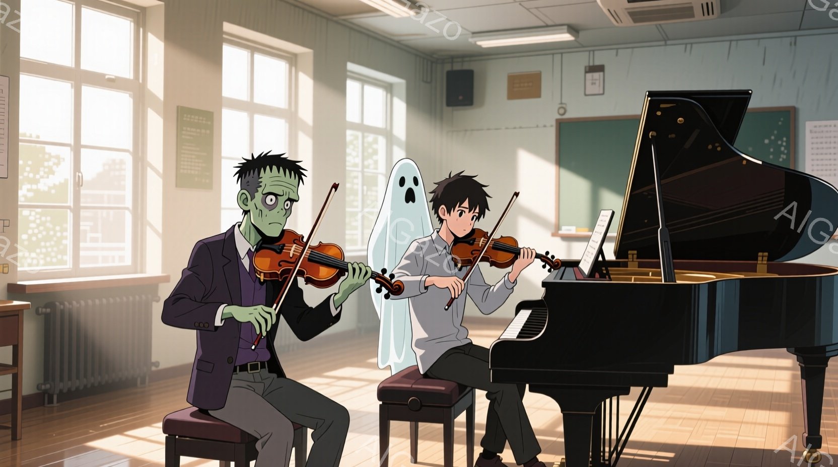 音楽室で、フランクensteinのモンスターと幽霊のような少年がヴァイオリンを演奏している。モンスターは緑色の肌で、ダークスーツを着て、やや不機嫌そうな表情をしているが、真剣に演奏に集中している。背景にはグランドピアノと教室の窓から差し込む柔らかな光があり、全体的に少しユーモラスで温かい雰囲気である。