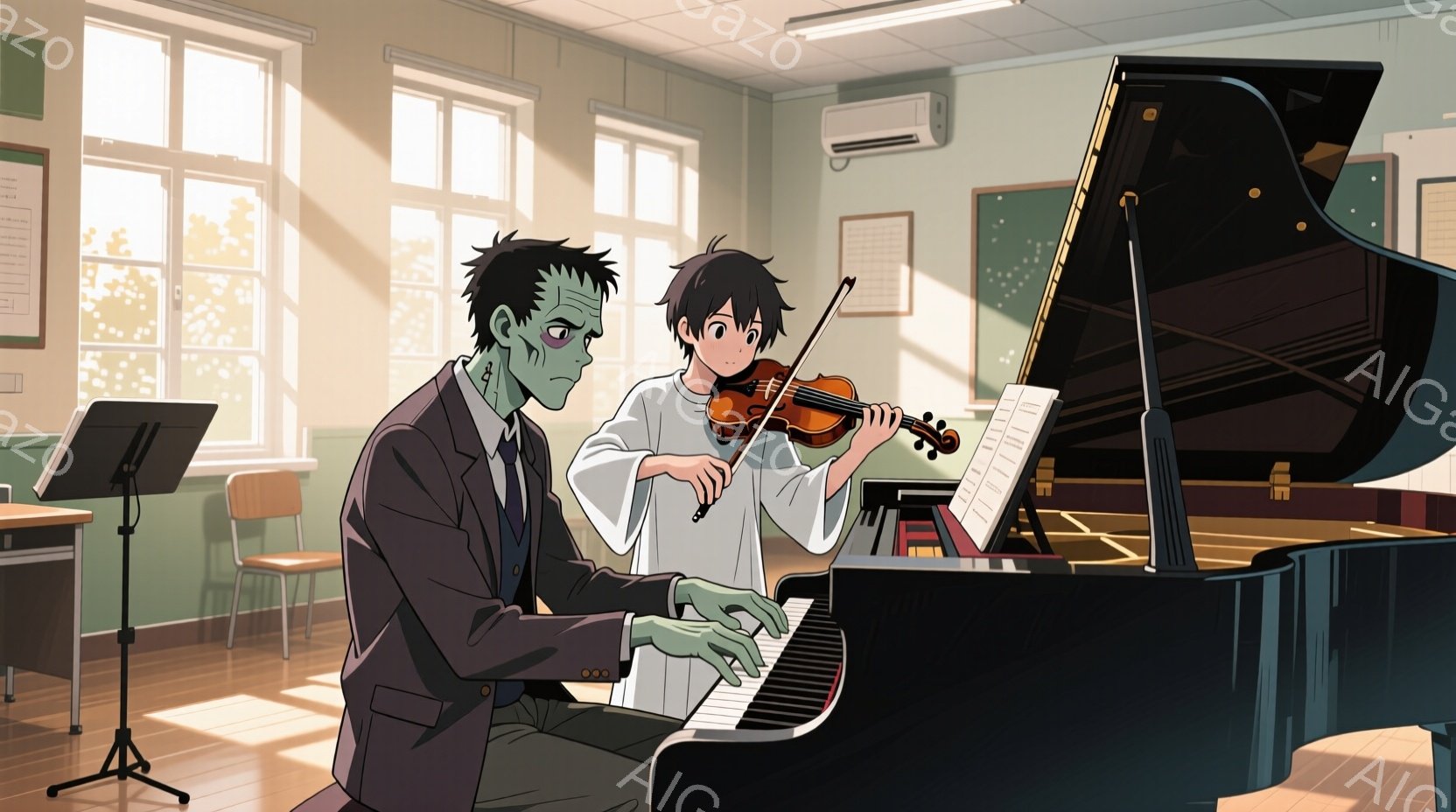 教室で、緑色の肌をした男がピアノを弾き、少年がバイオリンを弾いている。男は黒いスーツを着ており、少年は白いシャツを着ている。教室には窓から光が差し込み、明るい雰囲気である。 - AI生成フリー素材