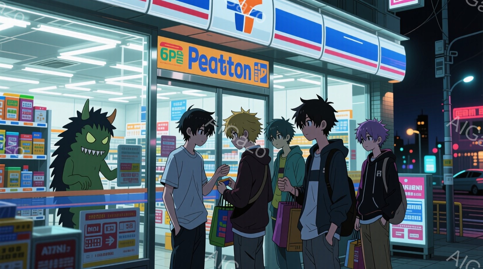 夜の街並みに、コンビニエンスストア「PEET」の前に数人の若者が立っている。彼らはそれぞれ異なる服装で、白いTシャツと黒い髪の男性、緑色の髪の男性、黒いパーカーを着た男性、明るい紫色の髪の男性、そして黒髪の男性がいる。彼らは皆、何らかの買い物袋を持っており、何かに注目しているか、会話をしているかのように見える。