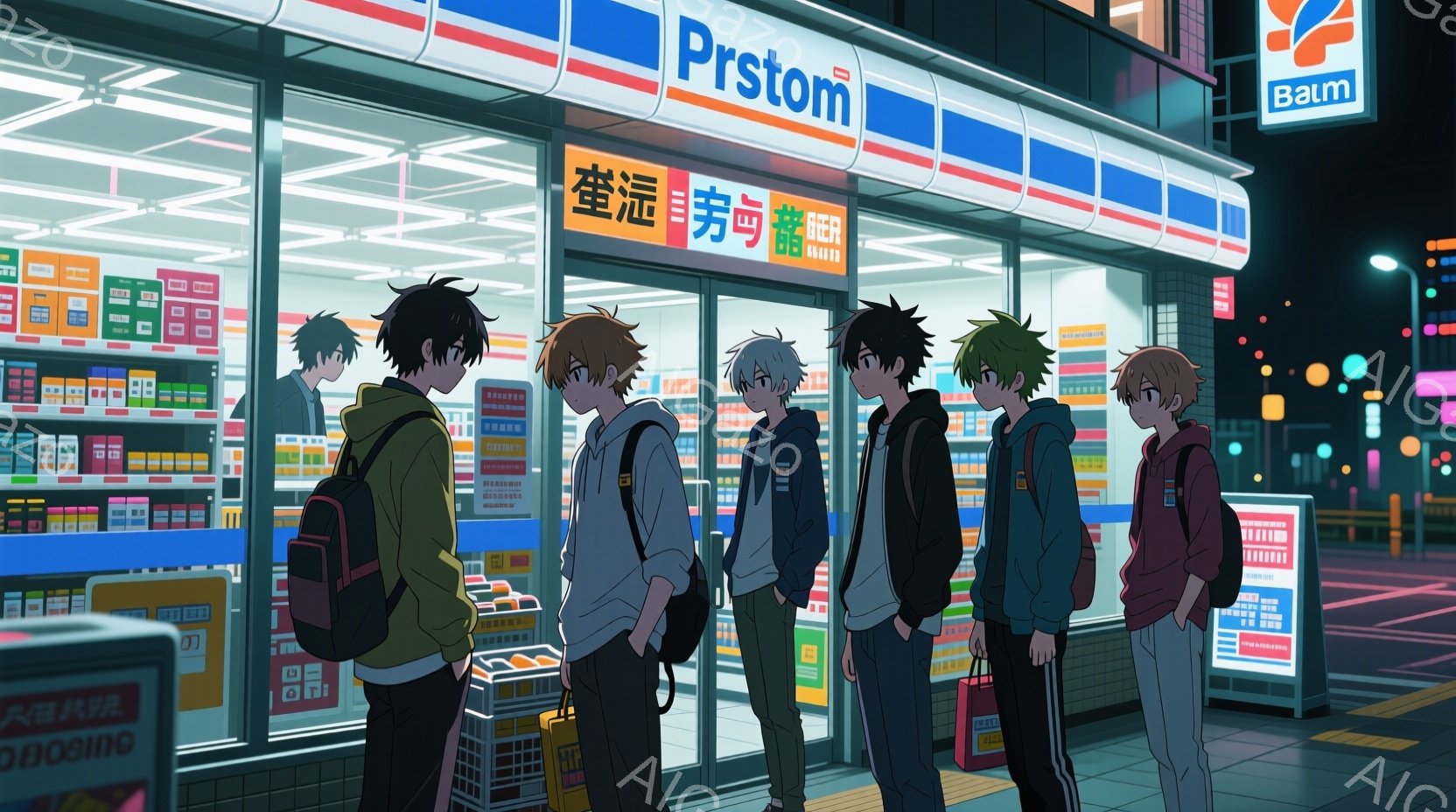 少年たちは皆、リュックを背負い、コンビニエンスストアの前に立っている。それぞれ異なる髪の色と服装をしており、表情はやや無表情で、どこか憂いを帯びている。背景には夜の街並みが広がり、ネオンサインが光り、雨が降っているような雰囲気で、少し寂しげな雰囲気を醸し出している。