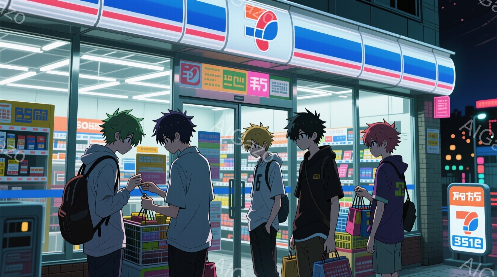 画像はコンビニエンスストアの前に並ぶ5人の若い男性を描いています。彼らは皆、制服やカジュアルな服装をしており、それぞれ異なる髪の色とスタイルをしています。コンビニの店内は明るく、様々な商品が並んでおり、夜の街並みが背景に見えます。