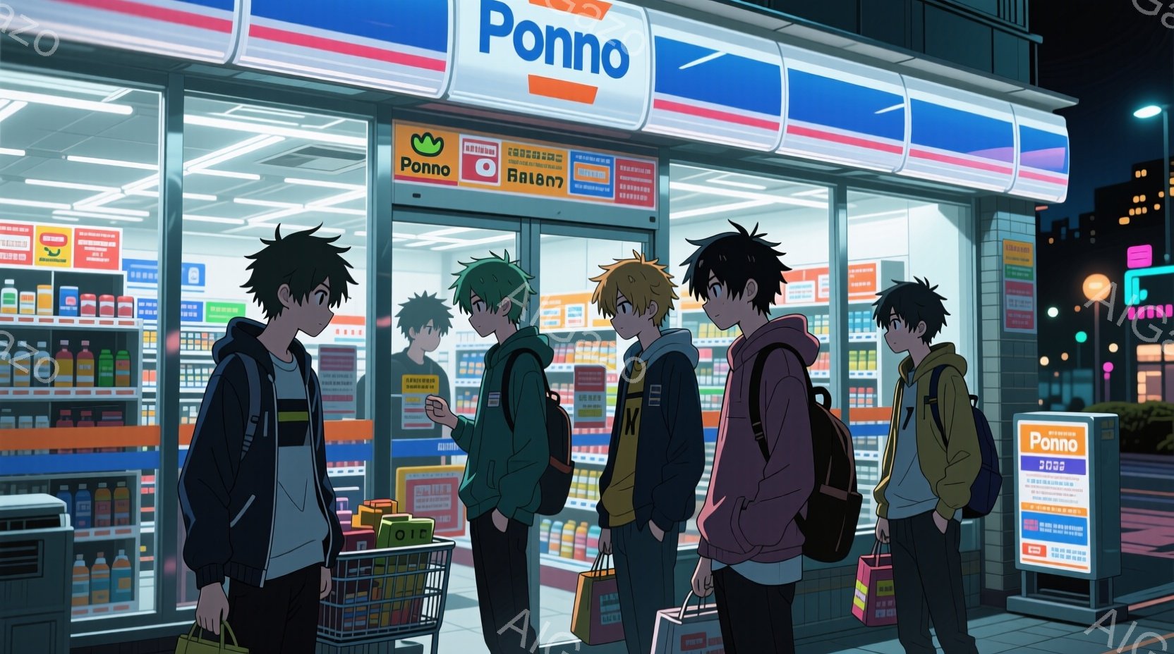 夜のコンビニエンスストアの前に並ぶ、4人の若い男性を描いています。彼らは皆、カジュアルな服装で、それぞれ個性的な髪型をしています。店の明るい光が彼らを照らし、背景には都市の夜景が広がっています。