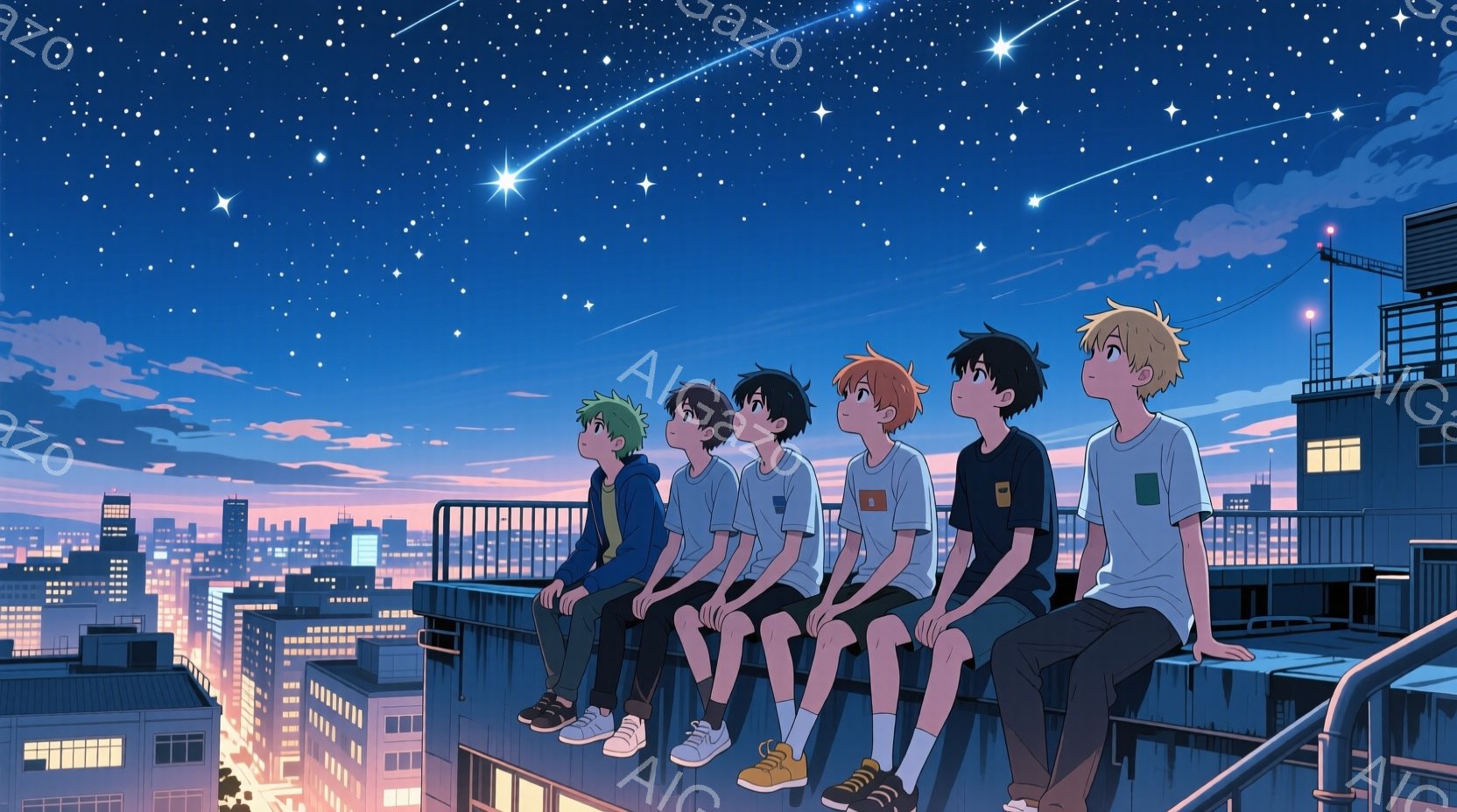 5人の少年が屋上に座り、夜景を見下ろしている。彼らは皆、白いTシャツに黒い短パンというカジュアルな服装で、それぞれ異なる髪の色と髪型をしている。背景には、光り輝く都市のスカイラインと、星空が広がり、穏 - AI生成フリー素材