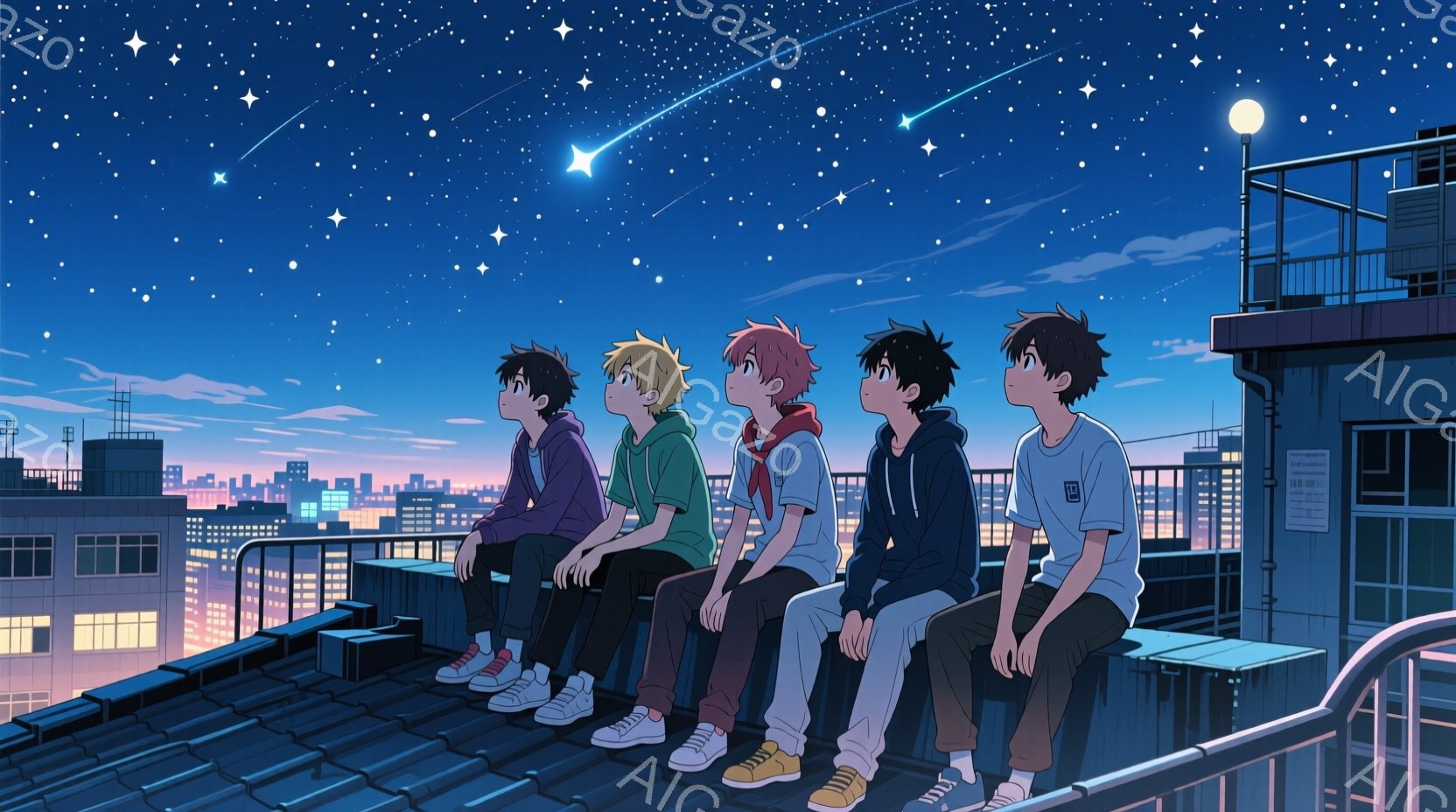 屋根の上に座る5人の若い男性が描かれています。それぞれがカジュアルな服装で、スニーカーを履いています。夜空には星が輝き、流れ星が尾を引いています。