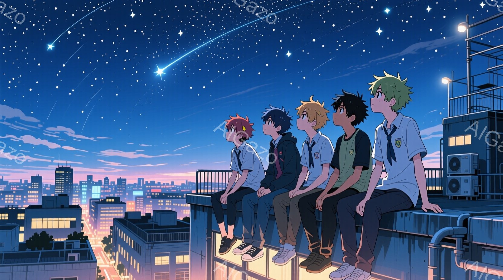 夜景を見下ろす屋上に、制服を着た男子高校生4人が並んで座っている様子が描かれています。それぞれ異なる髪色で、リラックスした表情で夜空を見上げており、制服のネクタイとスニーカーがアクセントになっています。背景には、都市の明かりが広がり、空には星と流れ星が輝き、穏やかで幻想的な雰囲気を醸し出しています。