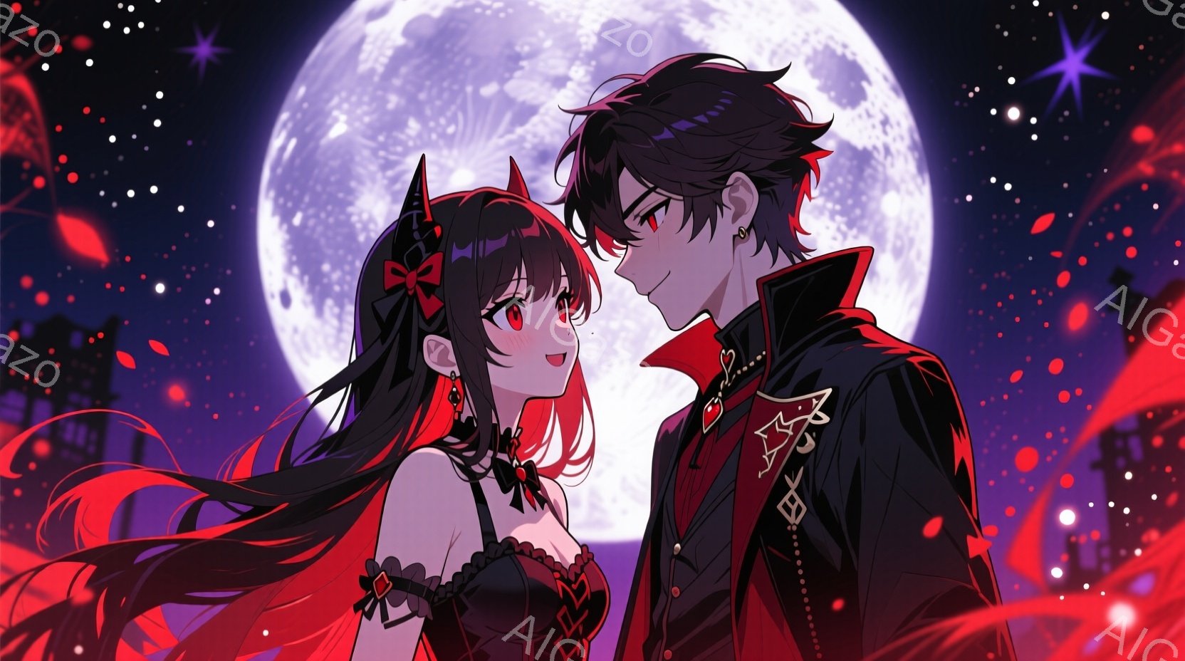 長い赤い髪に黒いリボンをあしらった少女と、黒髪の少年が寄り添っている。少女は黒いフリル付きのドレスを着用し、少年は黒を基調とした装飾的な衣装を着ている。背景には満月と、燃えるような赤い光の帯、遠くに見 - AI生成フリー素材