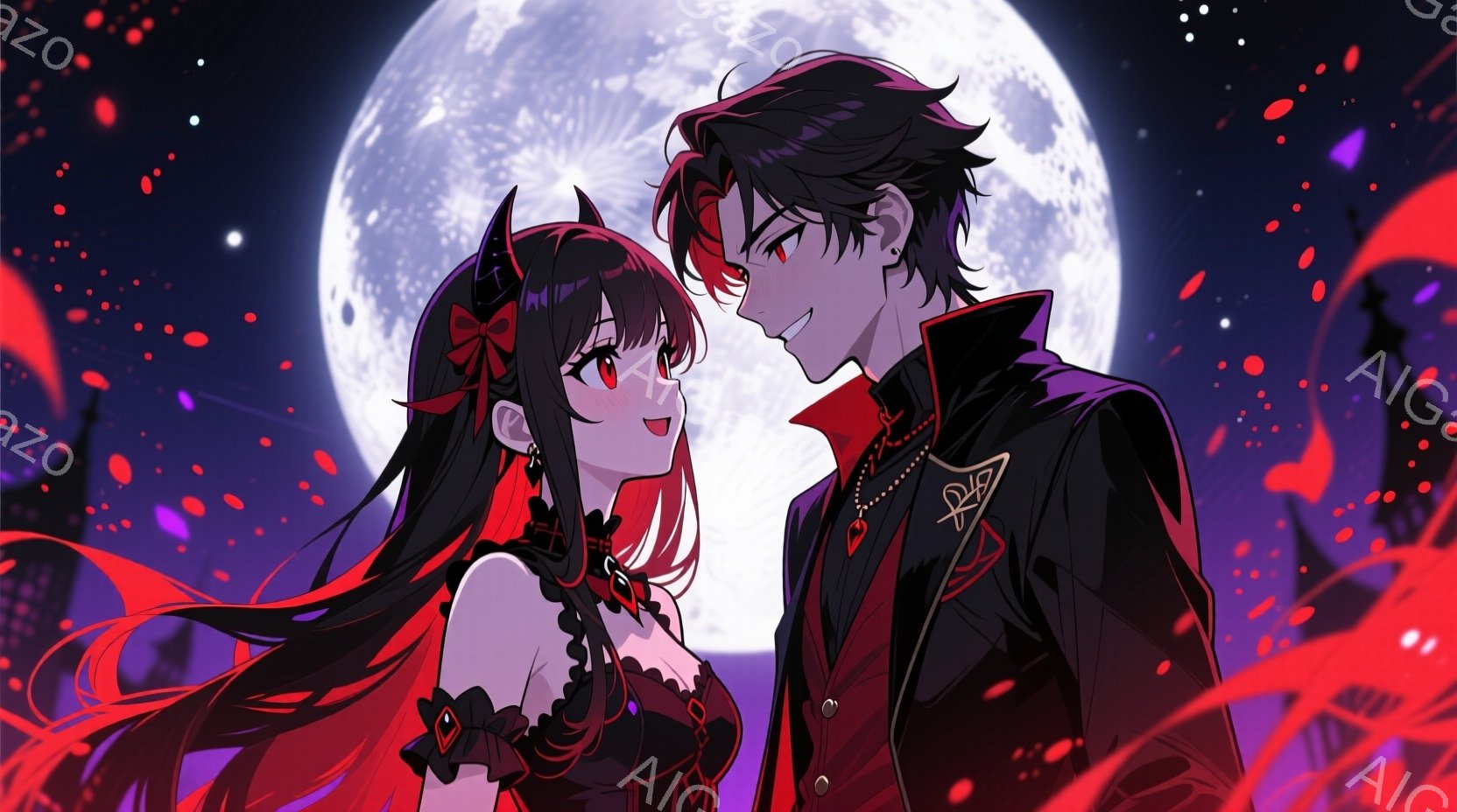 長い黒髪に赤いリボンをつけた少女と、黒髪の男性が寄り添って描かれている。少女はオフショルダーの赤いドレス、男性は黒い制服のような服装をしており、二人とも赤い瞳で微笑んでいる。背景には、暗い紫色の空と月 - AI生成フリー素材