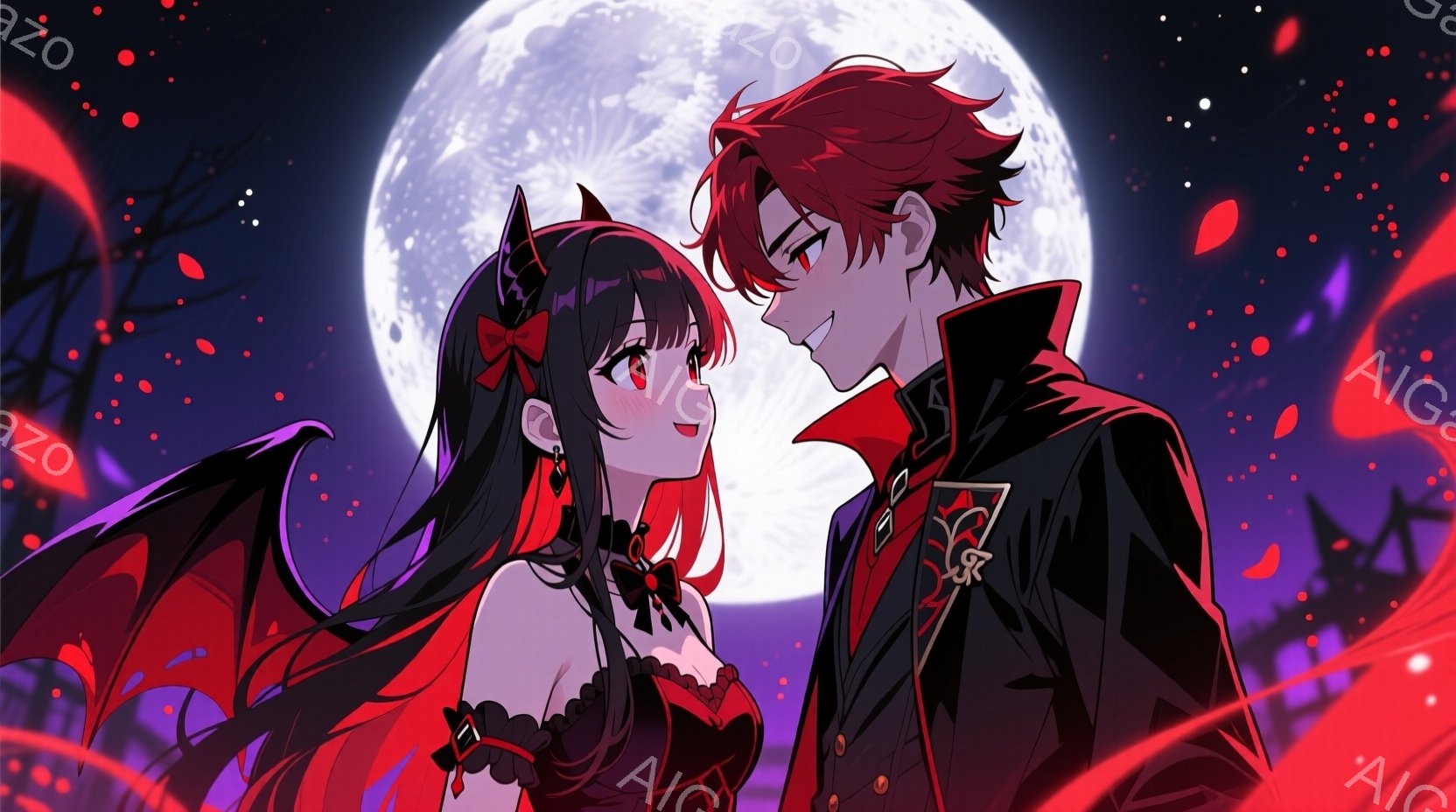 深紅の背景に、翼を持つ少女と、黒い制服を着た少年が寄り添って描かれている。少女は長い黒髪に赤いリボンをつけ、黒いドレスと翼を持ち、微笑んでいる。少年は赤い髪で、少し自信満々な表情で少女を見下ろしており - AI生成フリー素材