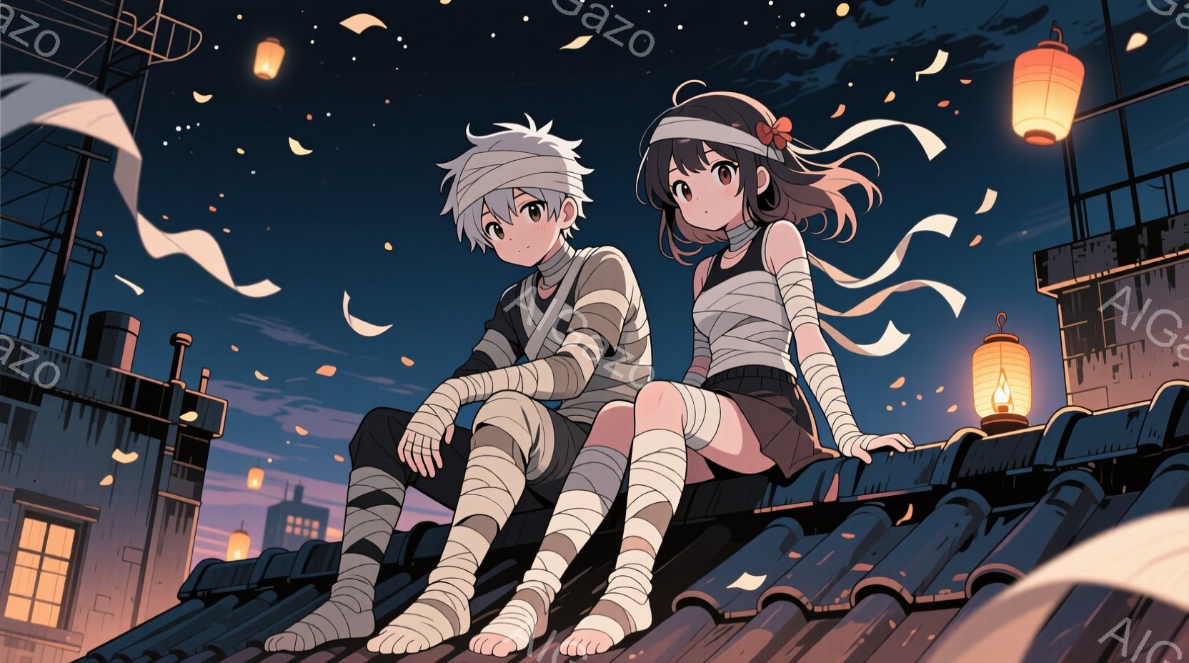 屋根の上には、包帯で手足が巻かれた少年と少女が座っています。少年は黒髪で前髪が落ちており、無表情です。少女は黒髪をツインテールにしており、赤いリボンをつけています。背景には、明かりが灯った建物と夕焼け空が広がっており、全体的に幻想的で少し寂しげな雰囲気が漂っています。