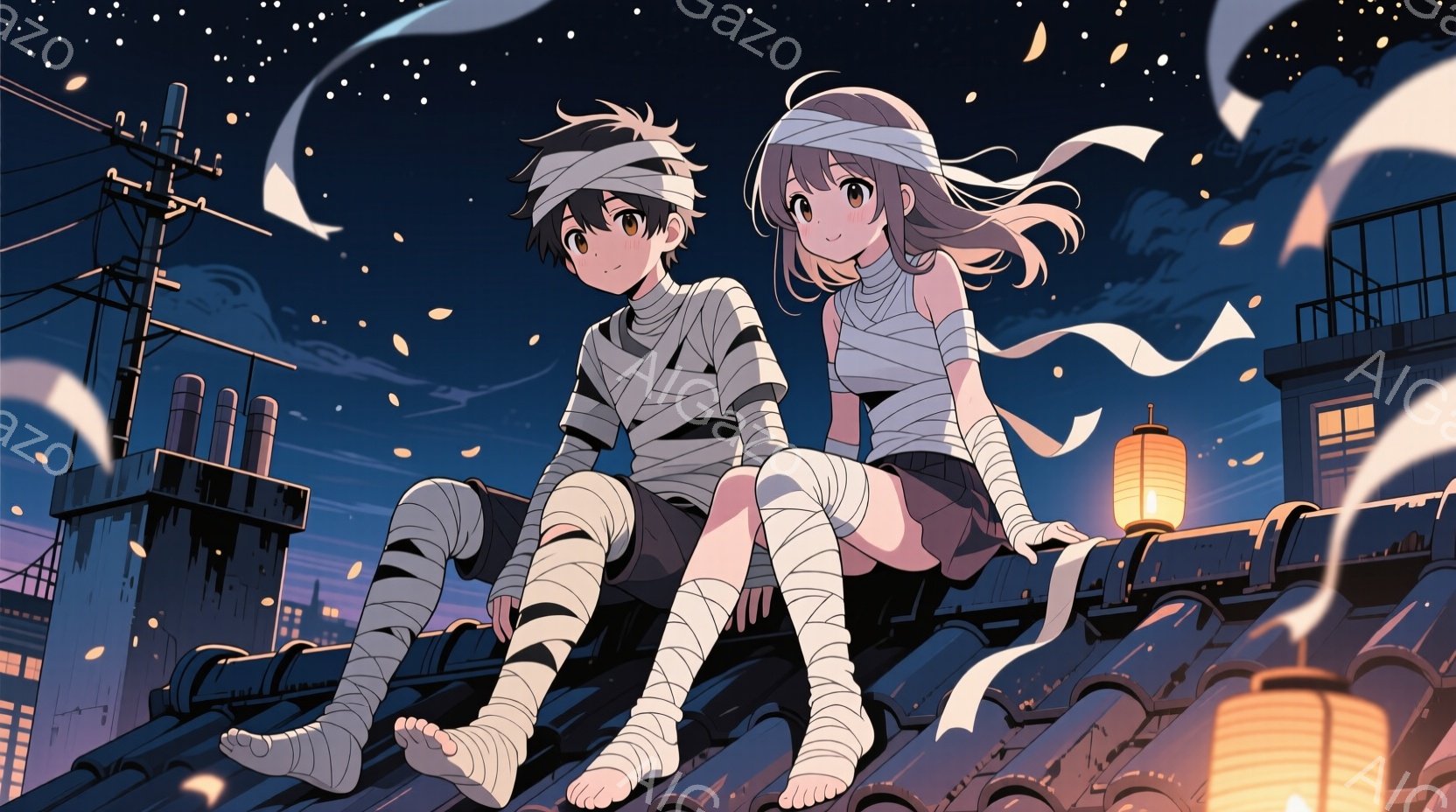 屋根の上に座る少年と少女が描かれています。二人はミイラのコスチュームで、腕や足を包帯で覆っています。背景には夜の街並みと屋根、そしてオレンジ色の提灯が点在し、星空が広がっています。 - AI生成フリー素材