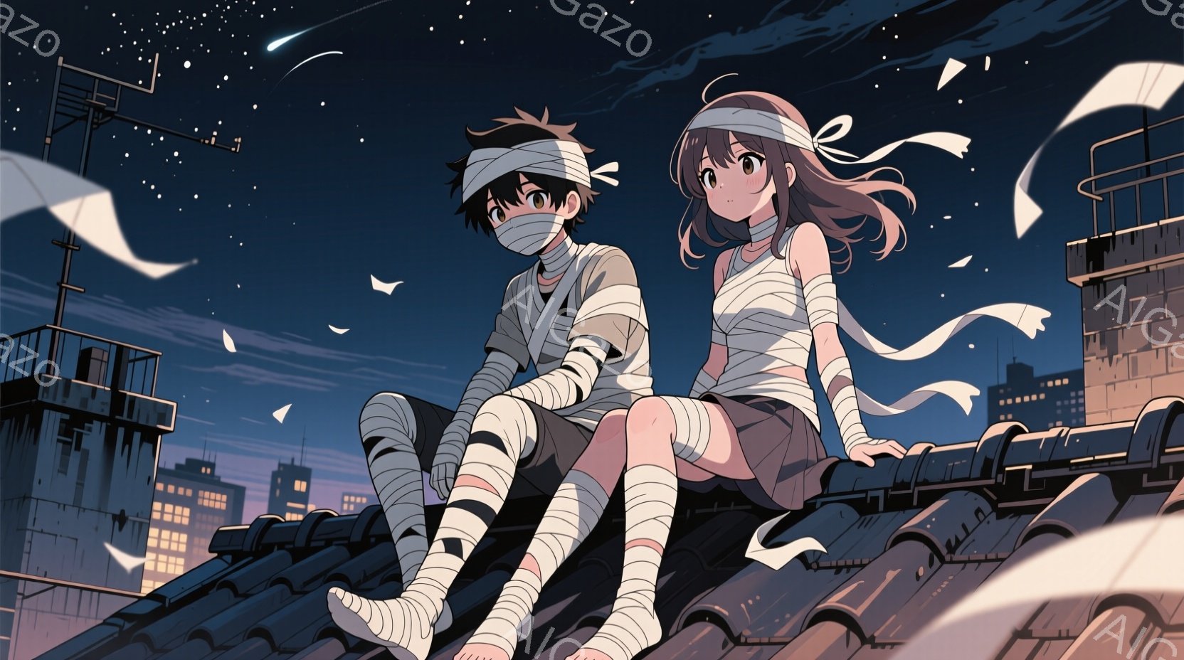 包帯でぐるぐる巻きになった少年と少女が屋根の上に座っています。少年は黒髪で、包帯で口と目を覆われています。少女は茶髪のロングヘアで、包帯で腕と脚を覆い、少し微笑んでいます。背景には、夜景の建物と、星空 - AI生成フリー素材