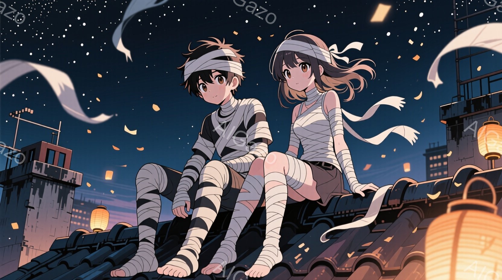 屋根の上に座っている若い男女が描かれています。彼らはミイラの衣装を着ており、腕と脚に包帯を巻いています。背景には夜の都市のスカイラインが見え、オレンジ色の提灯が灯り、星空が広がっています。 - AI生成フリー素材