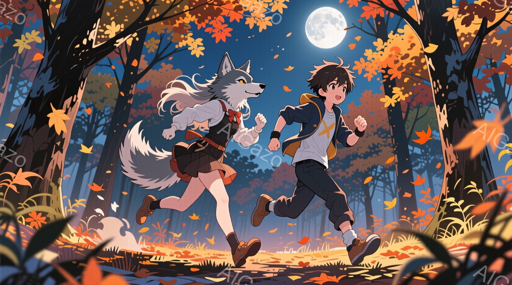 少年と狼少女が、紅葉の森の中を駆け抜けている。少年は黒い髪で、紺色のジャケットと黒いズボンを着用し、狼少女は白い髪と尻尾を持ち、赤いリボンと茶色のスカート、ブーツを履いている。背景には色鮮やかな紅葉の - AI生成フリー素材