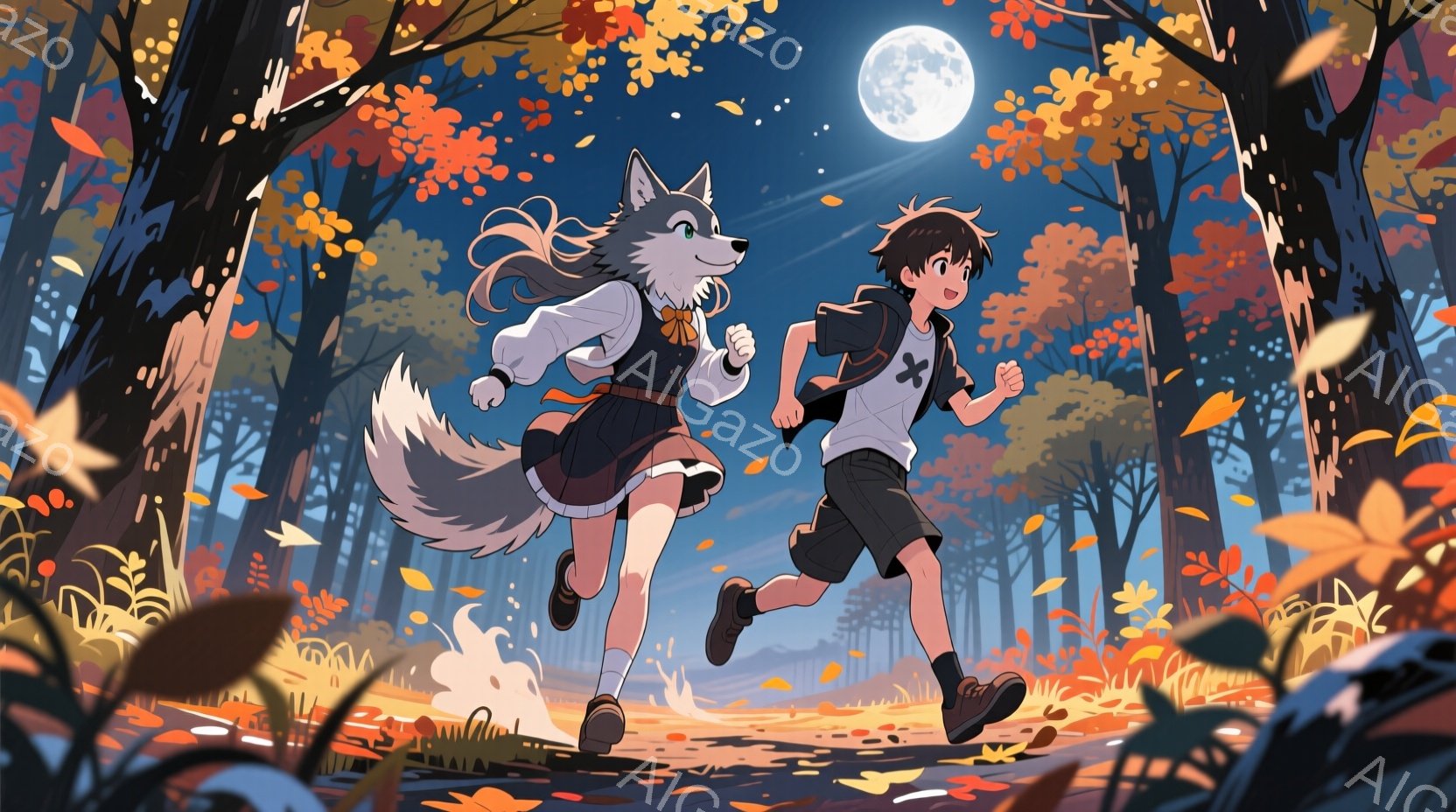 夜の森の中を、狼の耳と尻尾を持つ少女と少年が駆け抜けている。少女は黒いワンピースに白いブラウス、リボンをつけ、活発に走る姿は躍動感に満ちている。背景には紅葉した木々と月が輝き、秋の夜の幻想的な雰囲気を - AI生成フリー素材