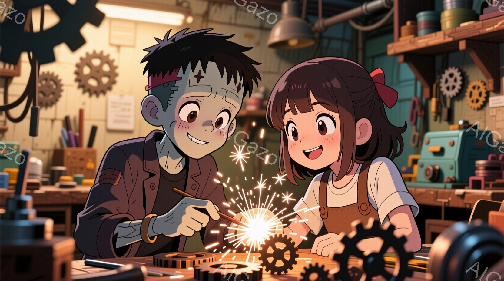 アニメ風の作風で、フランケンシュタイン風の少年と少女が、歯車や工具に囲まれた作業場で実験をしている様子を描いています。少年は緑色の肌にボルトの付いた頭で、茶色の髪と不気味な笑顔を浮かべており、少女は茶色の巻き毛にオーバーオール姿で、実験の閃光を見て笑顔を浮かべています。背景には、様々な工具や歯車、そして古い機械が並び、暖色系の照明が実験の熱気と好奇心を強調しています。