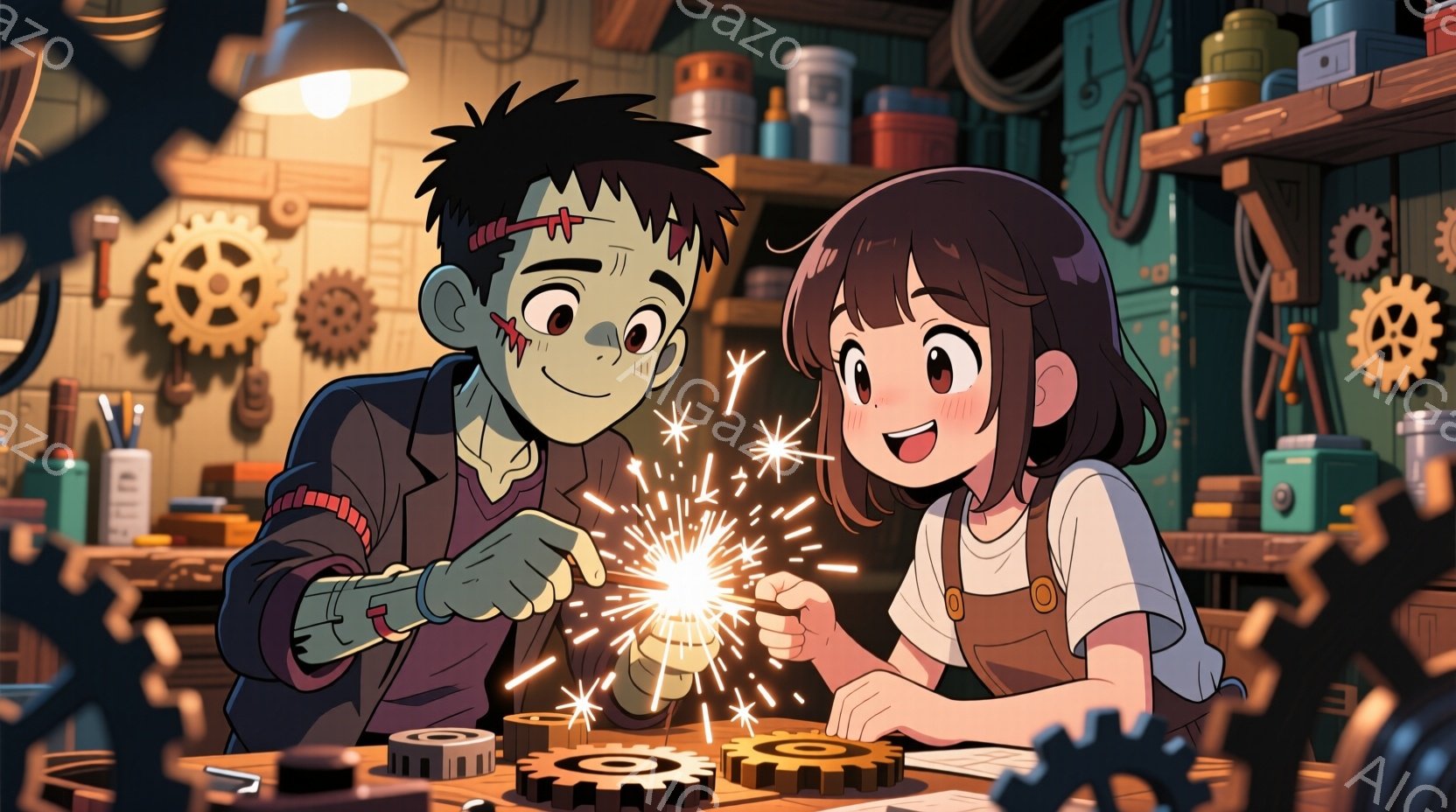 フランケンシュタインのモンスターと若い女性が、火花を散らす装置を扱っている様子を描いています。女性は茶色の髪を三つ編みにし、オーバーオールを着ており、明るい笑顔を浮かべています。背景には、歯車や工具が並んだ作業台が広がり、全体的に暖かく、少し奇妙な雰囲気があります。