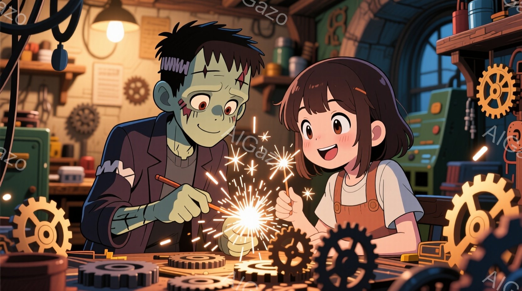 フランケンシュタインの怪物と若い女の子が、歯車や工具に囲まれた作業台の前で輝く火花を見つめている様子を描いています。フランケンシュタインは緑色の肌とボルトの首を持ち、少し驚いた表情をしています。女の子は茶色の髪を振り分け、白いシャツとオーバーオールを着て、興奮した表情で火花を見つめています。
