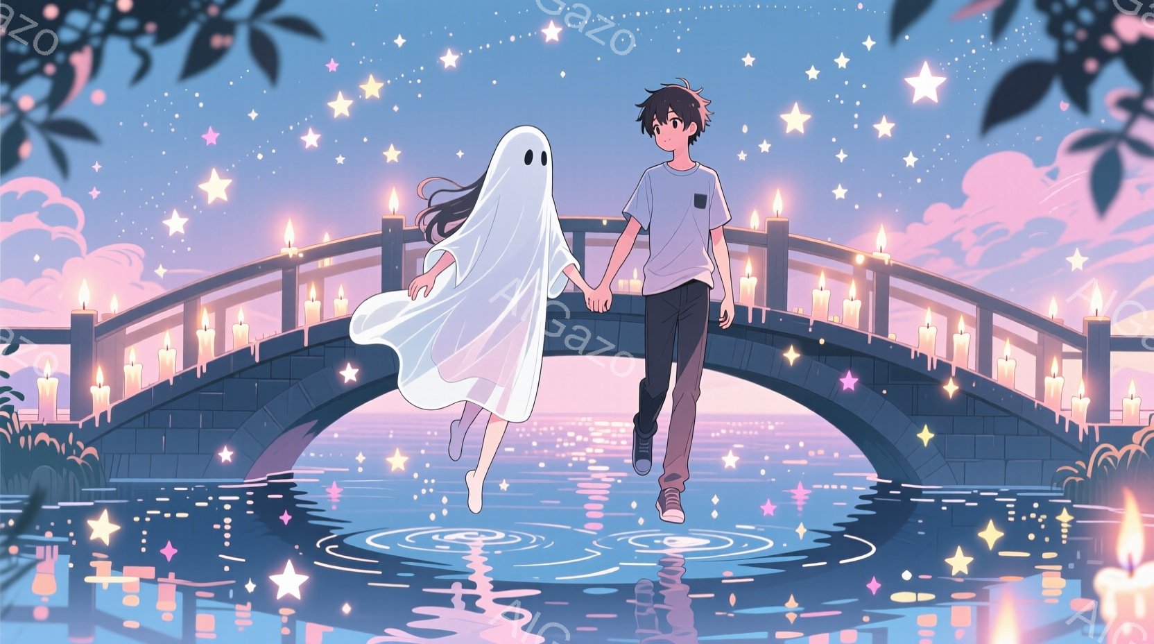 少年は黒い髪で、シンプルなTシャツとズボンを身につけ、水面を歩いているように見えます。彼の隣には、白い幽霊のような姿をした少女がいて、手を繋いでいます。背景には、無数のキャンドルが灯されたアーチ状の橋があり、水面に星が反射して幻想的な雰囲気を作り出しています。