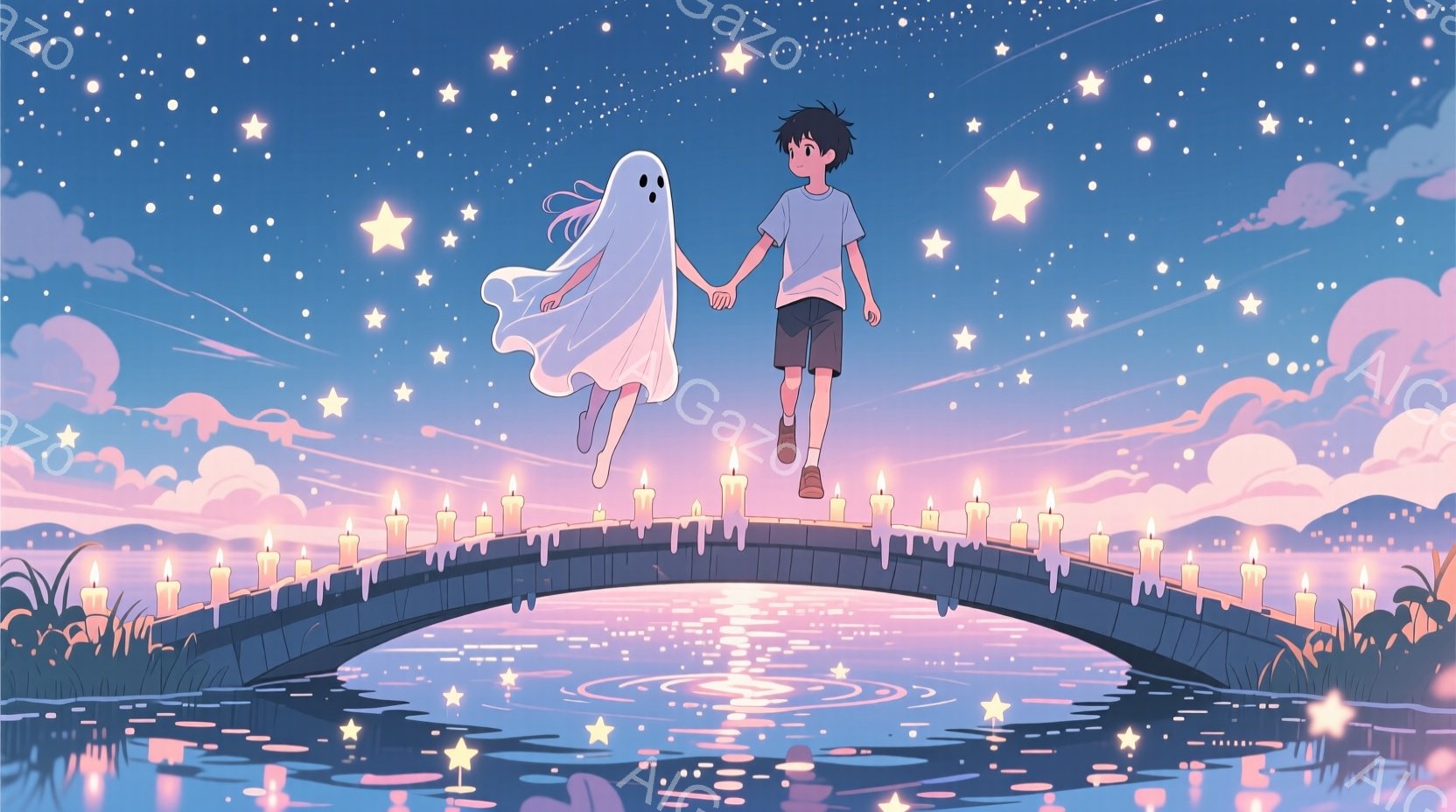 少年は橋の上を歩き、幽霊のような少女が彼の手を握っています。 橋はたくさんの光るキャンドルで飾られ、水面にはその光が反射しています。 背景には、星空が広がり、穏やかで幻想的な雰囲気が漂っています。 - AI生成フリー素材