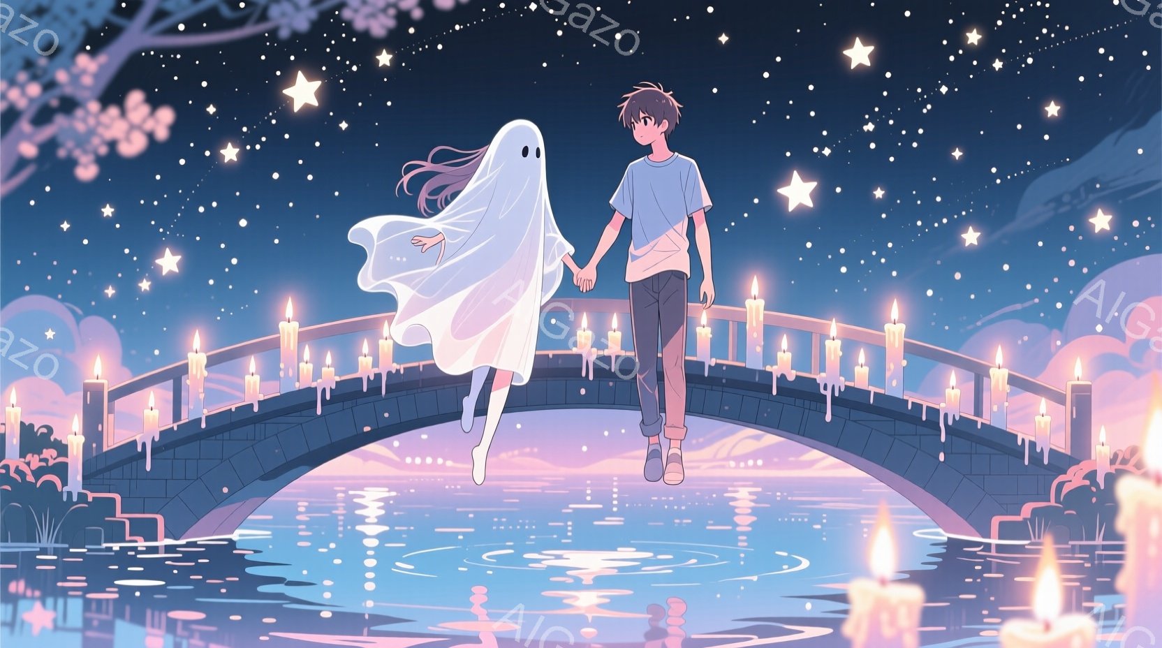 少年は、穏やかな表情で橋の上を歩いています。彼の隣には、白い幽霊のような少女がいて、手をつないでいます。背景には、多くのキャンドルが灯された石橋と、星空が広がる夜空が広がっており、幻想的で穏やかな雰囲気を醸し出しています。