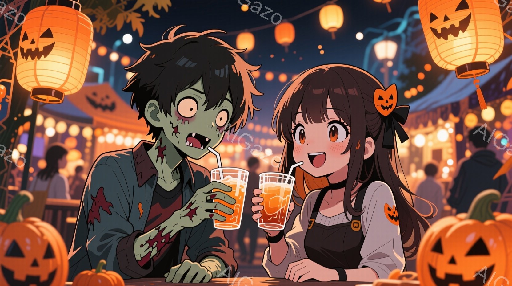 オレンジ色の提灯やカボチャのランタンが飾られた賑やかな夜のイベント会場で、ゾンビの男の子と可愛らしい女の子が飲み物を楽しんでいる。男の子は緑色の肌をしており、ズタズタになった服を着て、少し疲れた表情を - AI生成フリー素材