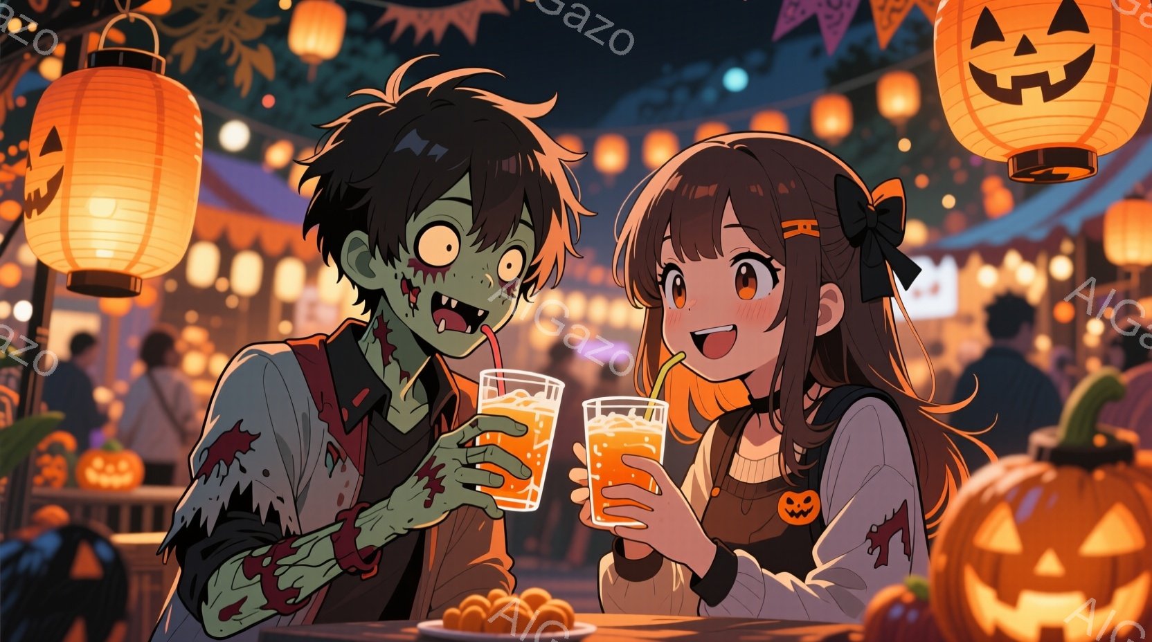 ハロウィンの賑わいの中で、ゾンビメイクをした少年と、可愛らしい笑顔の少女がカウンターでオレンジジュースを飲んでいる。少年は緑色の肌と傷跡のあるメイクでゾンビを表現し、少女はハロウィンのモチーフが描かれ - AI生成フリー素材