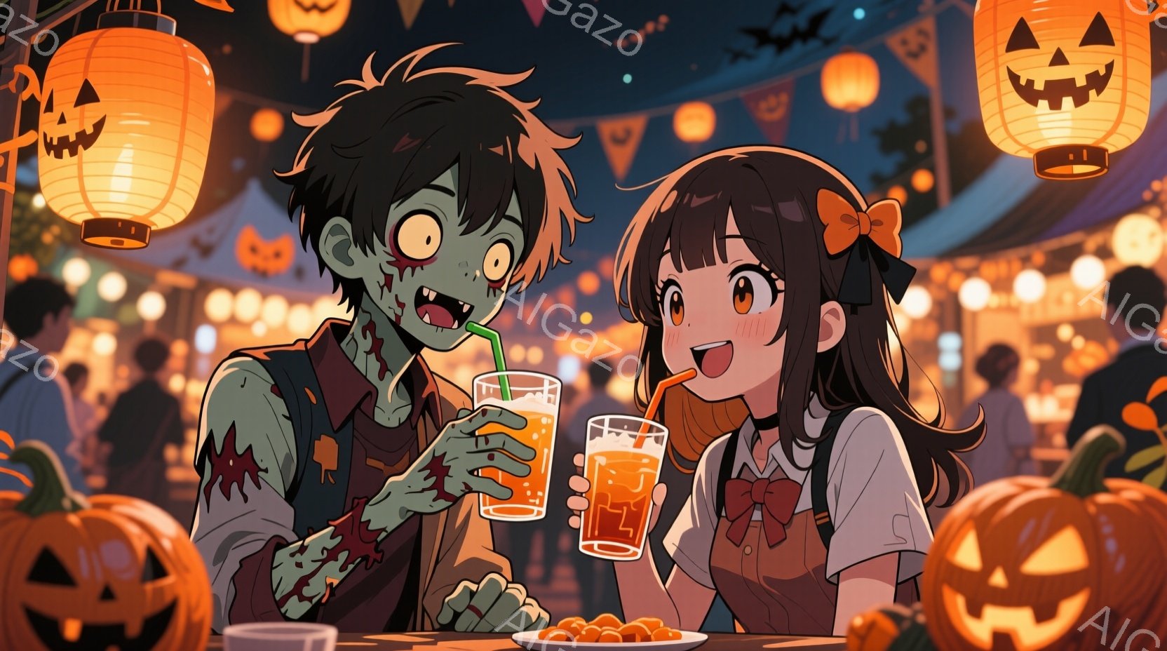 ハロウィンの夜の賑やかな祭りの様子を描いたイラストです。ゾンビメイクをした少年と、制服を着た少女が並んでオレンジジュースを飲み、楽しそうに笑っています。背景には、かぼちゃのランタンや人々で賑わい、お祭 - AI生成フリー素材