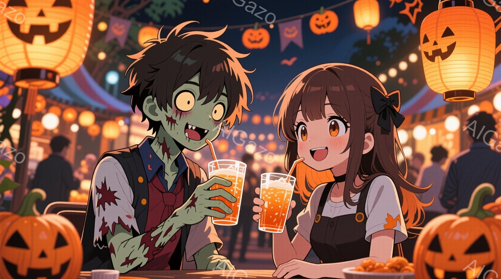 ハロウィーンの夜に屋外カフェにいる若い男女を描いています。男の子は緑色の肌と傷跡があり、ゾンビのような服装で、オレンジジュースを飲む姿が描かれています。女の子は茶色の髪を結んでおり、笑顔でオレンジジュ - AI生成フリー素材