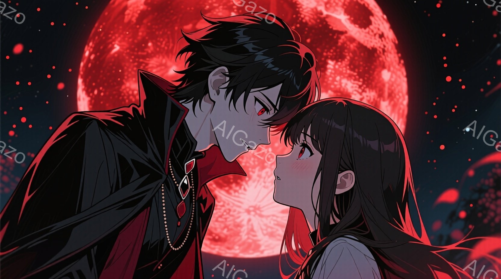 深紅の満月を背景に、黒髪の男性と女性が描かれている。男性は黒いコートと襟の高い衣装を身につけ、片方の目が赤く光っており、女性を見下ろしている。女性は肩を露出した白いドレスを着ており、目を閉じ、頬を赤らめている様子から、男性に近づかれている様子が伺える。