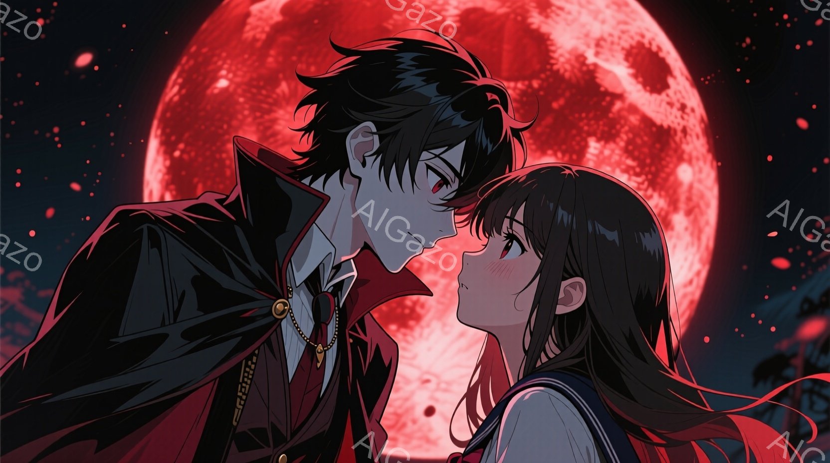長髪の男性は黒い服と赤いマントを着ており、片方の目は隠されています。彼は少し微笑み、女性を見下ろしています。女性は長い茶色の髪をしており、制服を着ており、彼を見上げ、頬を赤らめています。背景には赤い満月と、暗いシルエットの木々があり、ドラマチックでロマンチックな雰囲気を醸し出しています。